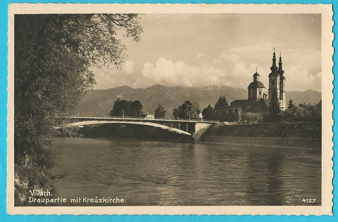 AK Villach. Draupartie mit Kreuzkirche. (1941)
