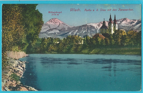 AK Villach. Partie a. d. Drau mit den Karawanken. (1913)