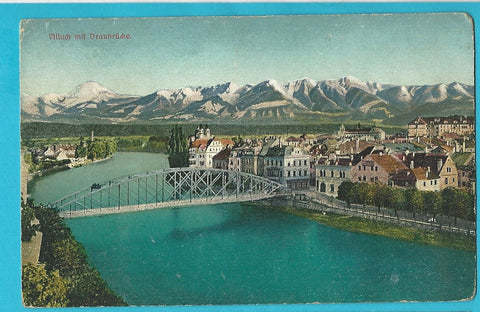 AK Villach mit Draubrücke. (1916)
