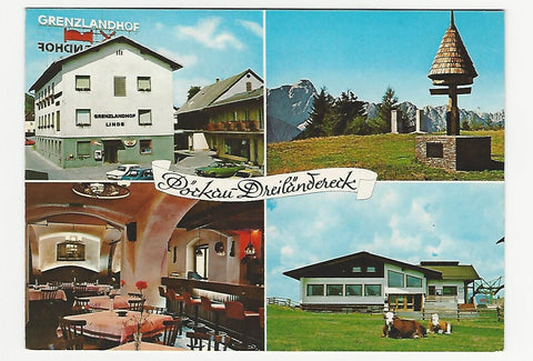 AK Arnoldstein-Pöckau. Grenzlandhof-Betriebe. Hotel Linde, Pöckau, Grenzsteine auf dem Dreiländereck. Bergrestaurant Alm.