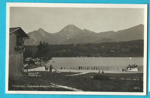 AK Faakersee Inselstrandbad mit Mittagskogel. (1930)