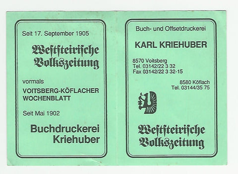 Kalender 1992. Weststeirische Volkszeitung. Buchdruckerei Kriehuber.