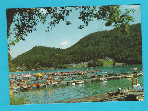 AK Badeleben am Klopeinersee mit Blick auf Unterburg und Georgiberg.