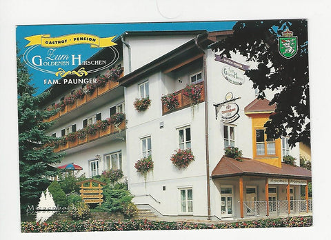 AK Miesenbach 5. Gasthof Pension Zum Goldenen Hirschen. Fam. Paunger.