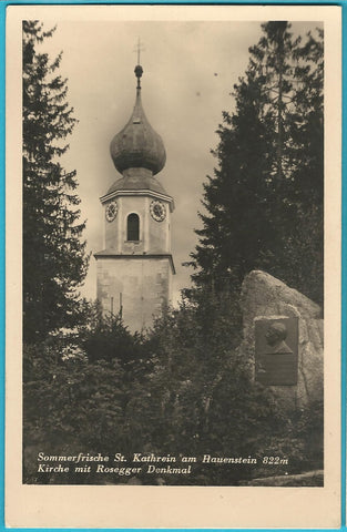 AK St. Kathrein am Hauenstein. Kirche mit Rosegger Denkmal. (1933)