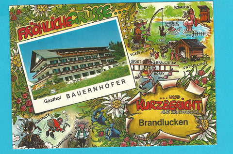 AK Gasthof Bauernhofer Brandlucken. Fröhliche Grüsse ...und Kurzbericht aus Zeitmangel.