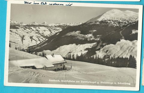 AK Saalbach, Breitfußalm am Zwölferkogel g. Steinberge u. Schattberg.