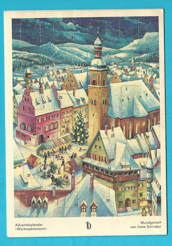 Karte Adventkalender Weihnachtsmarkt. Mundgemalt von Irene Schricker.