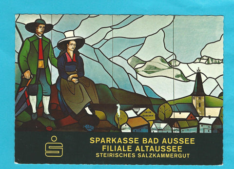 AK Bad Aussee. Ausseer Land. Ausschnitt aus dem Kunstglasfenster in der Sparkasse Altaussee von Horst Jandl.